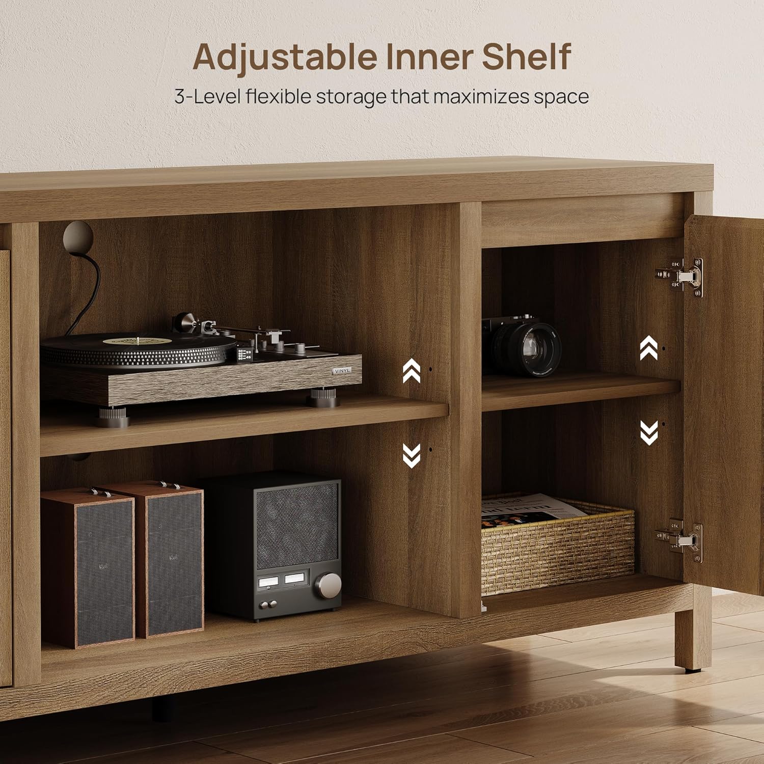 SICOTAS Fluted TV Stand for 55 65 inch TV - Large TV Consoles for Living Room Bedroom, Mid Century Modern Entertainment Center with Storage Cabinet, Wooden Television Stands Media Console, Caramel Oak
