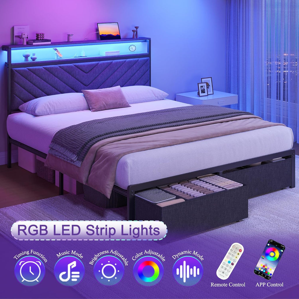 Fluest Queen Bed Frame with 2 Drawers, Upholstered Headboard with Storage and Charging Station, LED Lights, Fabric Drawers with Wheels, Under Bed Storage, No Box Spring Needed, Easy Assembly, Grey