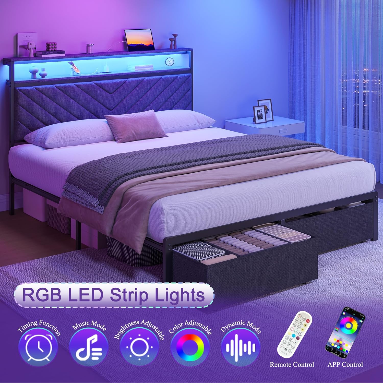 Fluest Queen Bed Frame with 2 Drawers, Upholstered Headboard with Storage and Charging Station, LED Lights, Fabric Drawers with Wheels, Under Bed Storage, No Box Spring Needed, Easy Assembly, Grey