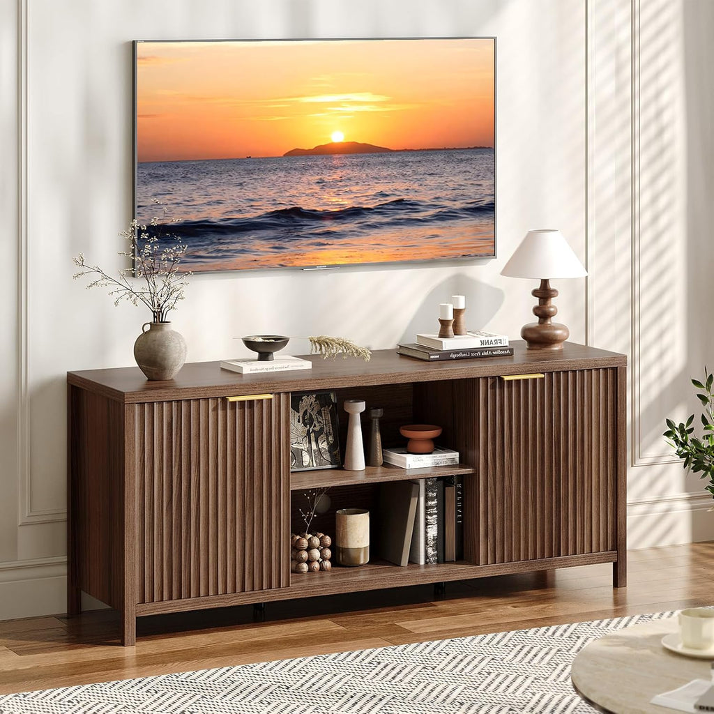 VINGLI 57.8" Fluted TV Stand for TVs up to 70 Inch, Mid-Century Modern Entertainment Center with Adjustable Shelves & Cabinet Storage, Natural Wood TV Stand for Living Room, Walnut