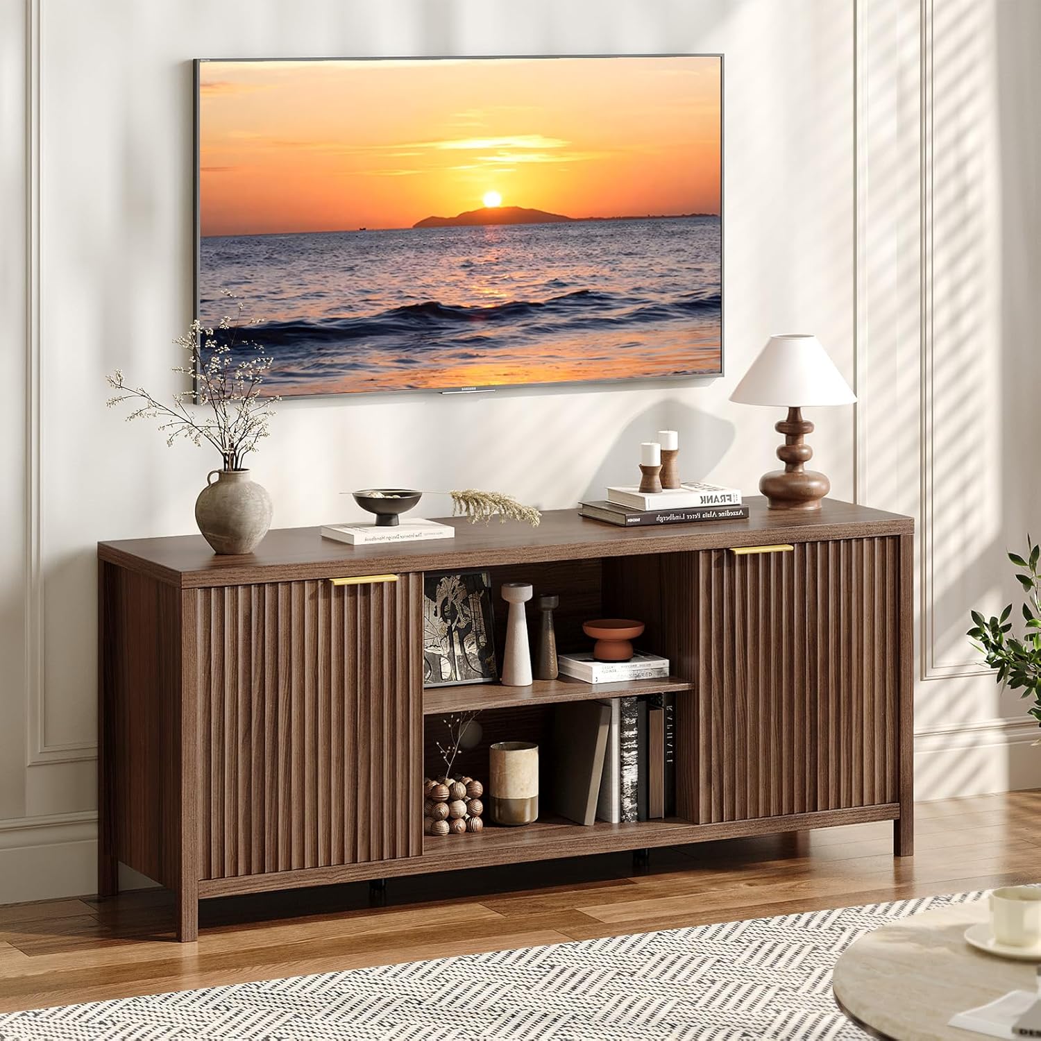 VINGLI 57.8" Fluted TV Stand for TVs up to 70 Inch, Mid-Century Modern Entertainment Center with Adjustable Shelves & Cabinet Storage, Natural Wood TV Stand for Living Room, Walnut