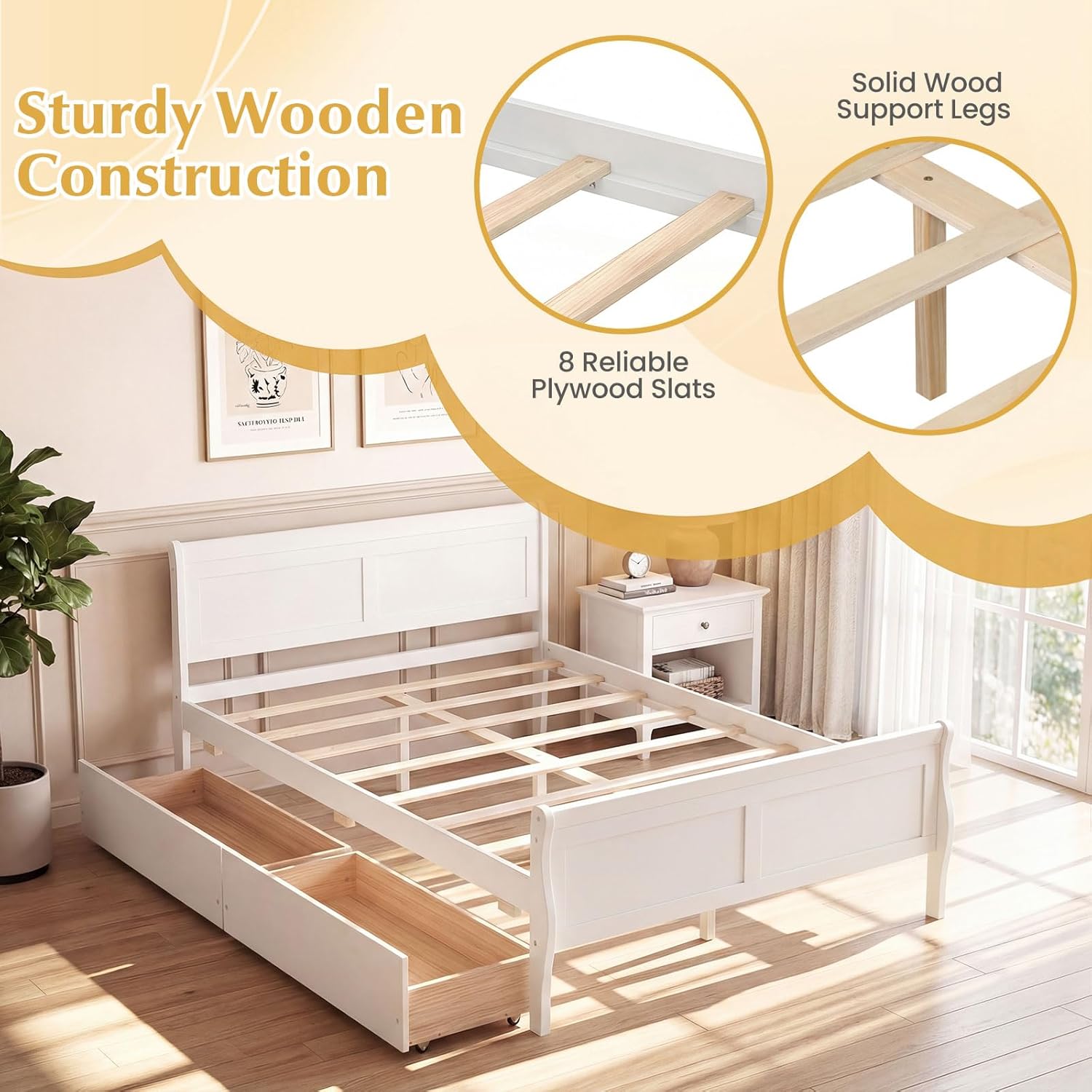 Giantex Full Bed Frame with 2 Storage Drawers, Wood Platform Bed with Headboard & Footboard, Wooden Slats Support Mattress Foundation, Sleigh Bedframe for Teens Adults, No Box Spring Needed (White)
