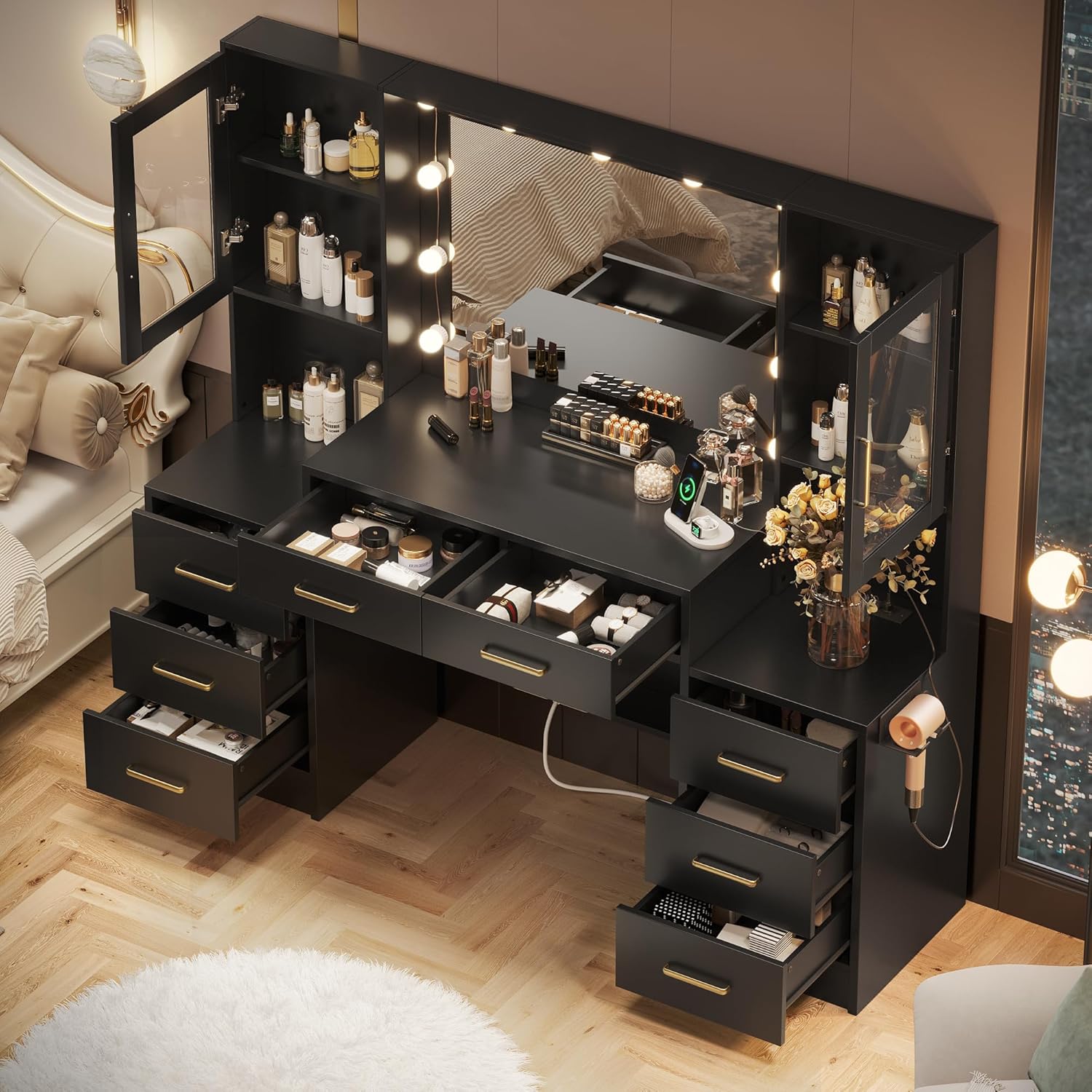 TOKSOM Black Vanity Desk with Mirror, Lights & Charging Station, 58.3" 3 Lighting Modes Makeup Desk with 8 Drawers, 2 Cabinets and Lots Storage, Dressing Table Vanity Set with Lighted Mirror