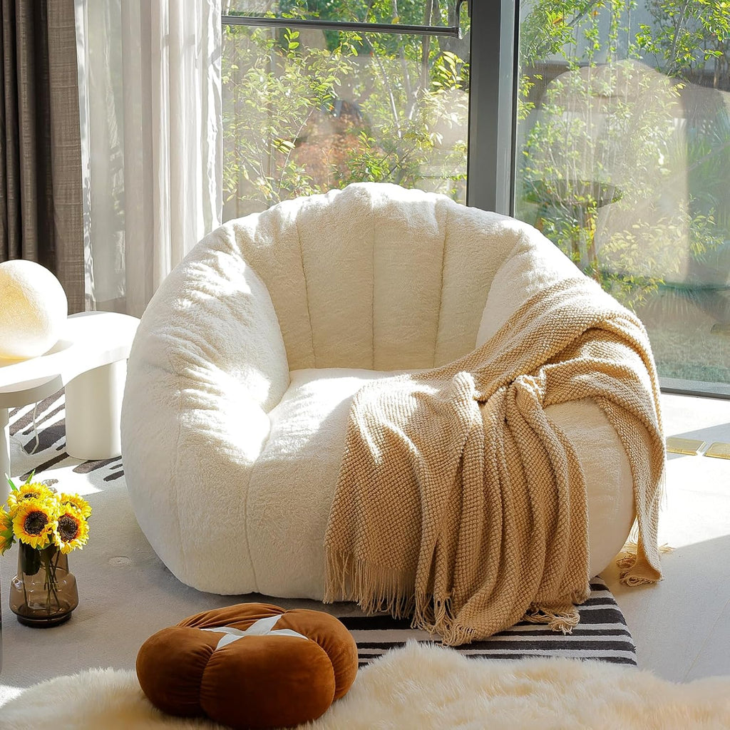 Giant Bean Bag Chair for Adults, Teens and Kids, Cozy Fluffy Corduroy Beanbag Chair with Filler, Large Floor Lounge Sofa for Living Room, Bedroom, Dorm, Gaming and Reading(L-Ivory)