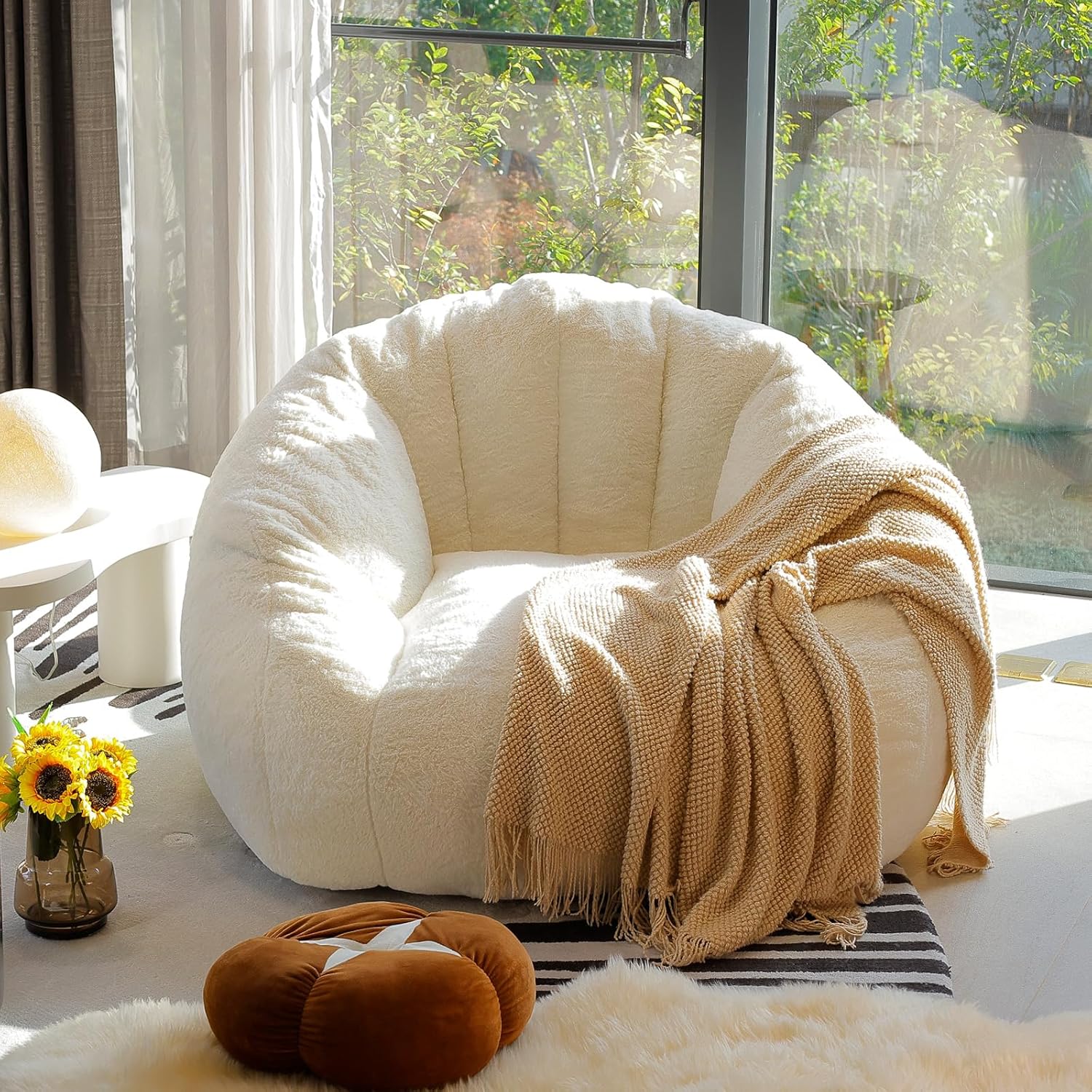 Giant Bean Bag Chair for Adults, Teens and Kids, Cozy Fluffy Corduroy Beanbag Chair with Filler, Large Floor Lounge Sofa for Living Room, Bedroom, Dorm, Gaming and Reading(L-Ivory)