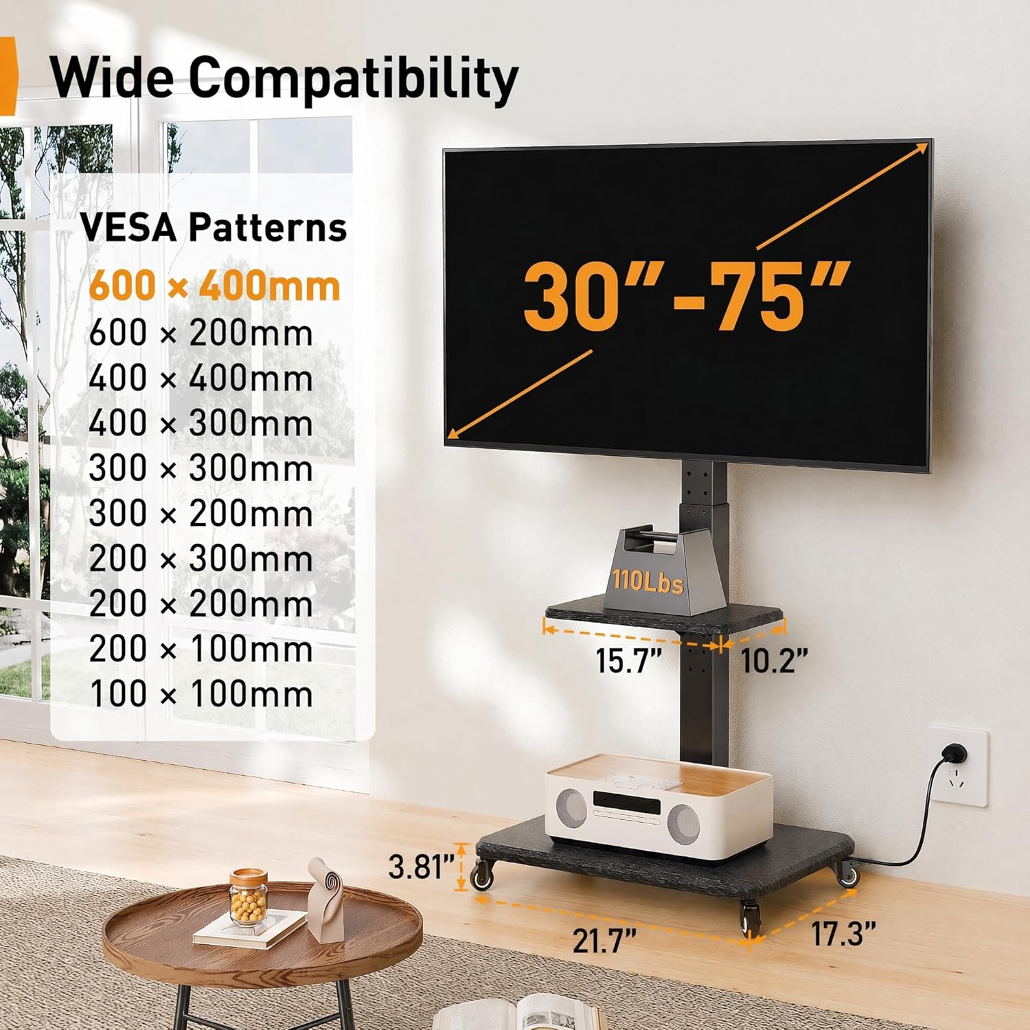 Perlegear Mobile TV Stand with Power Outlet, Tilt & Swivel Rolling TV Stand for 32-75 inches TVs up to 110 lbs, 12 Height Adjustable Rolling TV Cart with Wheels, Max VESA 600x400mm, PGTVMC17