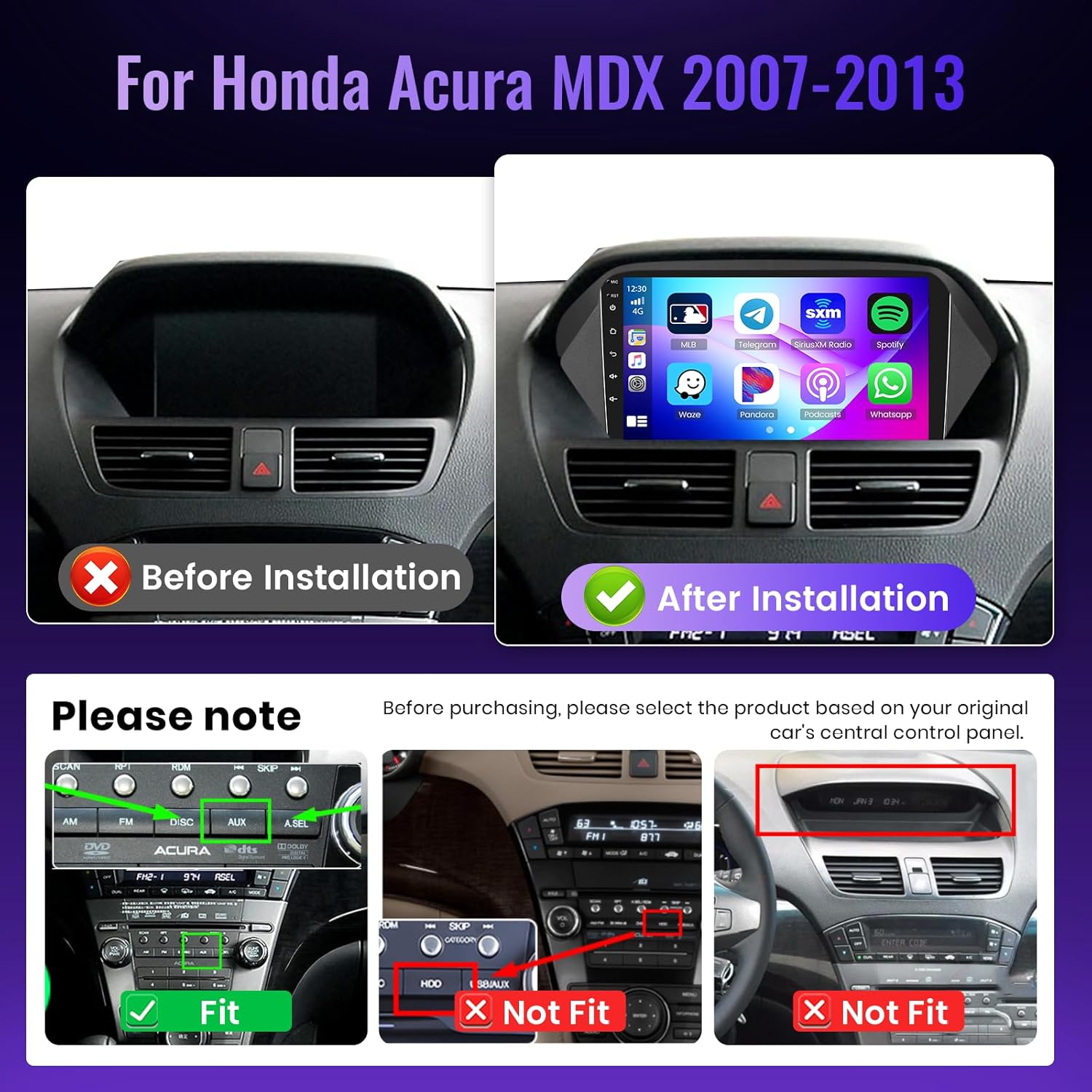 Qualcomm Octa-Core 4G+64G Car Stereo for Honda Acura MDX 2007-2013 with 9" 1280P QLED Touchscreen/5G WiFi/DSP/Hi-Res Audio/OTA, Android Car Radio Carplay Android Auto BT5.1/WiFi/SWC/GPS
