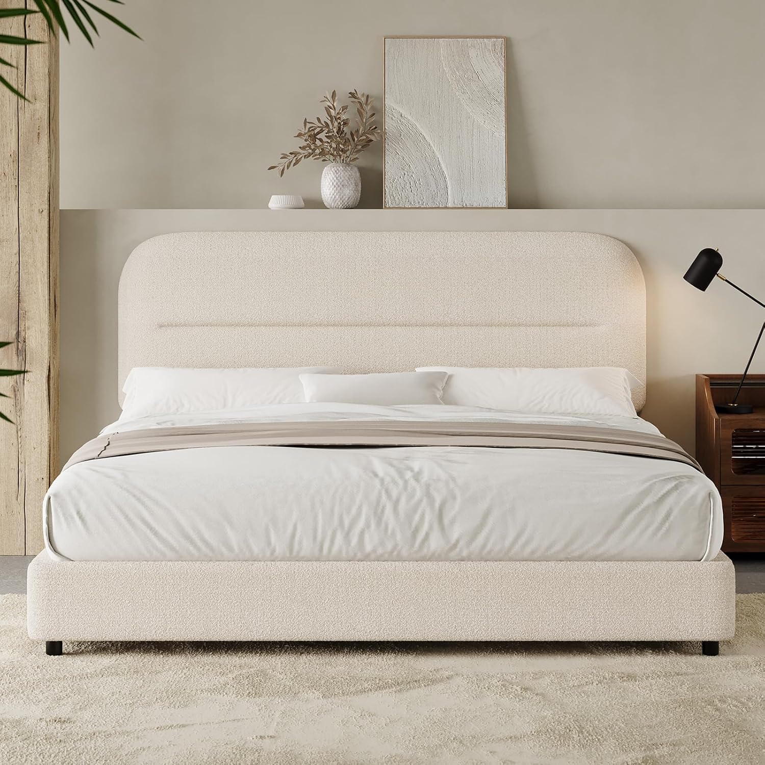 HOMBCK Full Size Boucle Bed Frame, Upholstered Bed Frame Full with Headboard, Soft BedFrame with Thickened Footboard, Soft Rounded Corners, No Box Spring Required, Easy Assembly, Cream