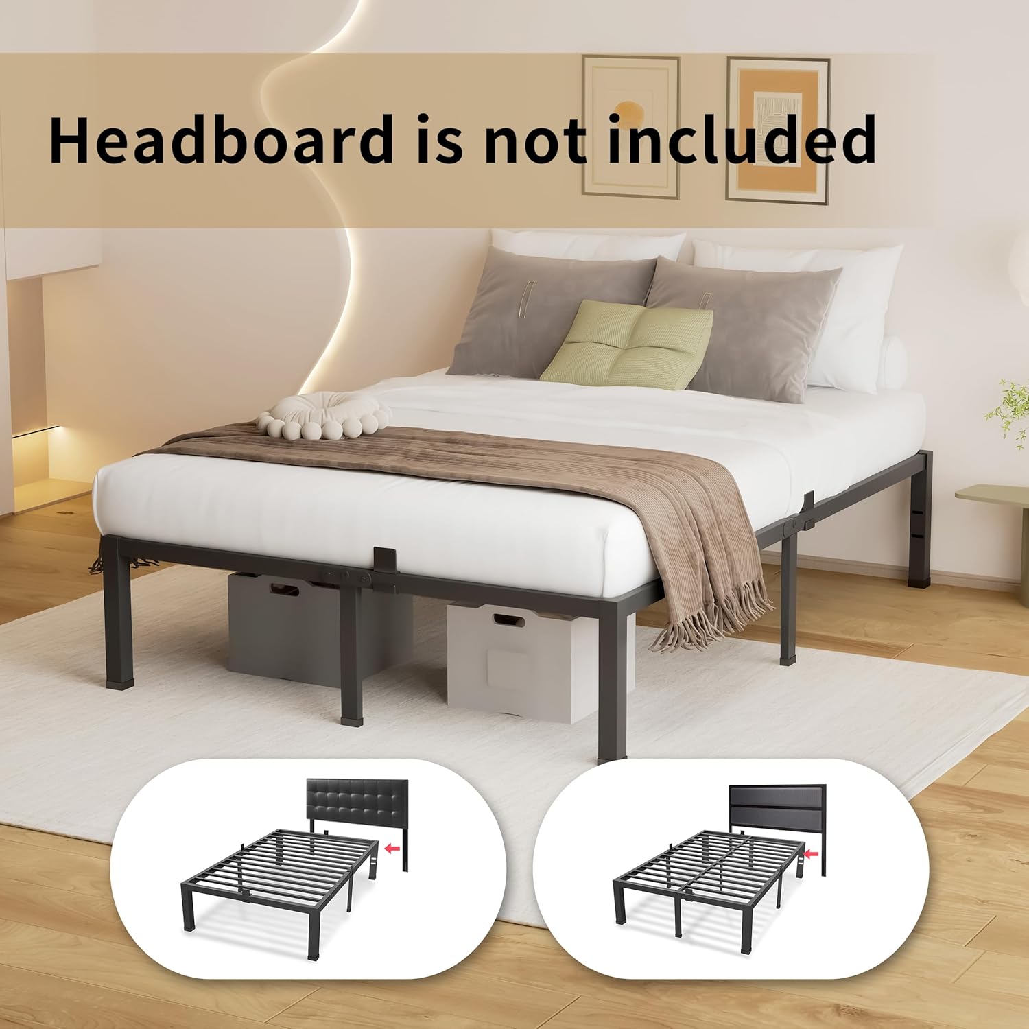 MAF Queen Bed Frame Size 14 Inch Metal Heavy Duty Platform Bedframe with Steel Slats Support Noise Free Queen-Bed-Frame, No Box Spring Needed