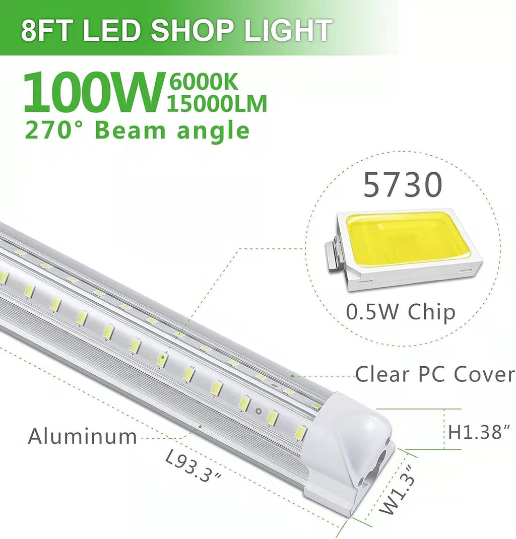 Skymoatled 8Pack 8FT LED Shop Light Garage Light,100W 6000K White Light 15000LM Super Bright,Hanging/Surface Mount,Linkable T8 LED Tube Lights for Garage,Warehouse, Workshop,Plug and Play