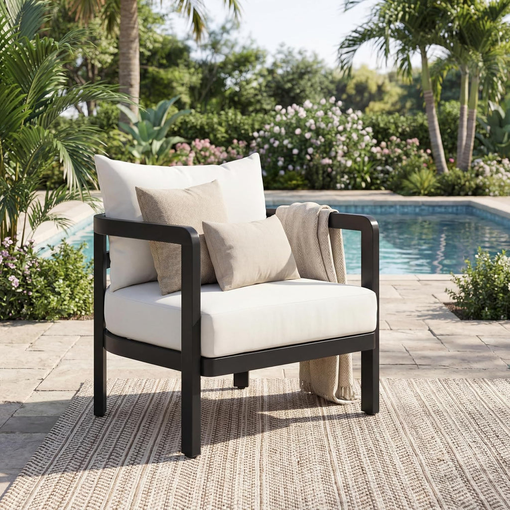 Christopher Knight Home Lulala Aluminum Lounge Chair Outdoor with Removable Cushion, Metal Frame Patio Accent Chair, Patio Garden Comfy Reading Chair, Beige+Black