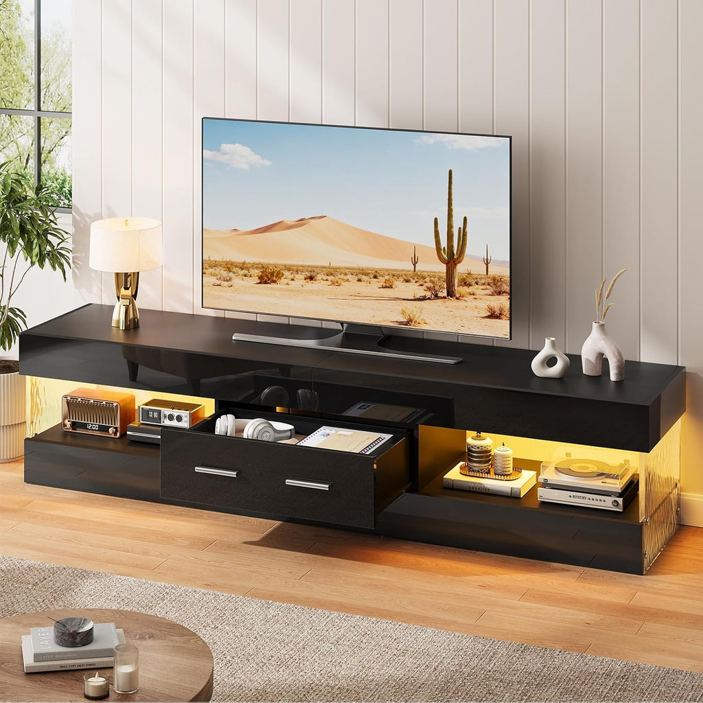 Bestier 67" Modern TV Stand for TVs 55 to 75 Inch, High Gloss LED Entertainment Center with Stone-Patterned Doors, TV Console with Drawer & Storage for Living Room, Black