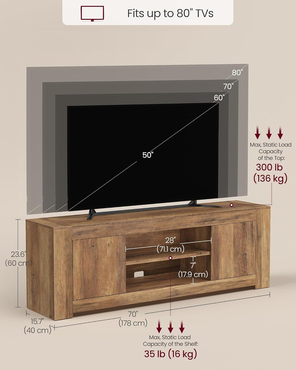 VASAGLE TV Stand, Farmhouse Entertainment Center with Storage Cabinets, Media Console Table for Living Room, Bedroom, for 80 Inch TV, 70 x 15.7 x 23.6 Inches, Honey Brown ULTV624K101S