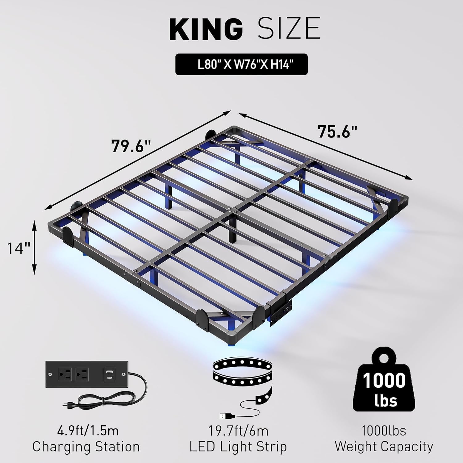 qimamo 14 Inch Floating King Bed Frame with Smart LED Lights and Charging Station, Modern Metal King Bed Frame, Easy to Assemble, No Box Spring Needed