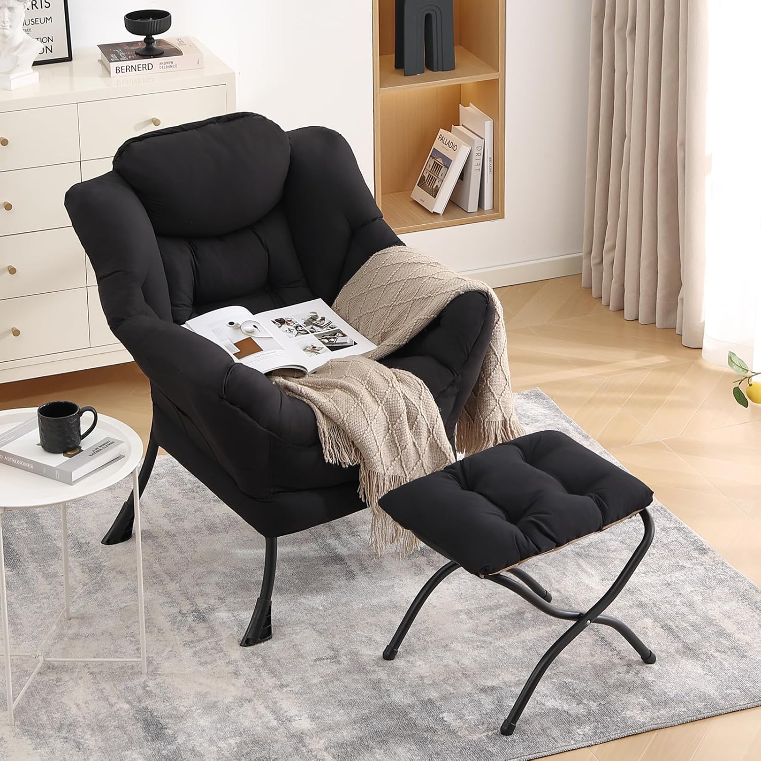 LITA Lazy Chair with Ottoman, Modern Accent Leisure Upholstered Sofa Chair, Contemporary Lounge Reading Chairs with Armrests and a Side Pocket for Living Room, Bedroom & Small Space, Black