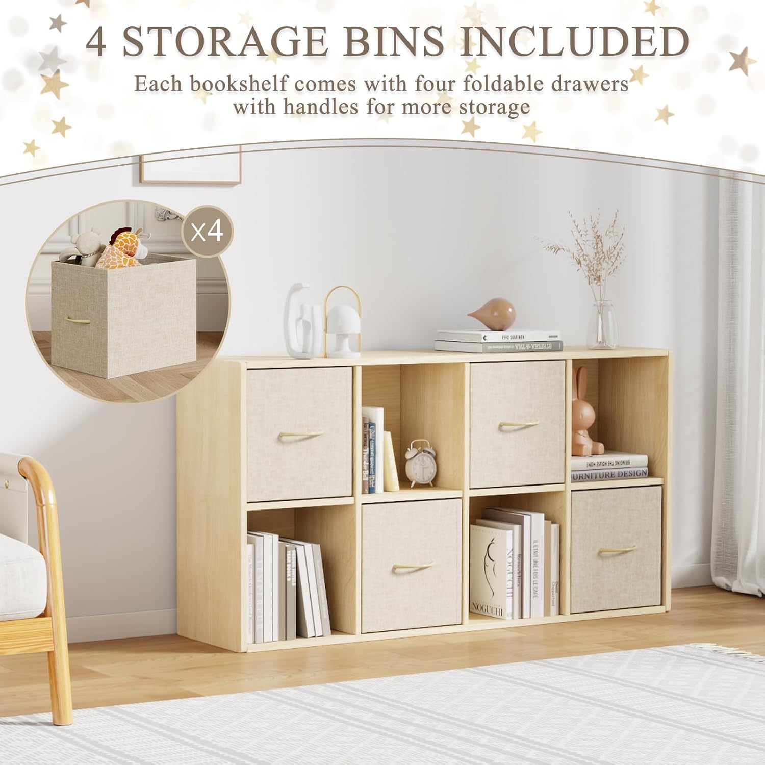 EXPERLAM 8 Cube Storage Organizer - Solid Wood Bookshelf with 4 Storage Bins, Cube Shelf with 2 Removable Back Panels, Vertical or Horizontal Bookcase, Open Book Shelf for Bedroom, Living Room, Office