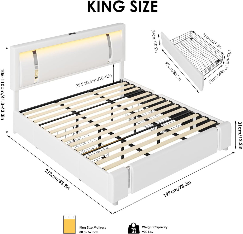 Keyluv King Size Bed Frame with RGB LED Lights & 2 Storage Drawers, Modern Upholstered Platform Bed with Iron Metal Decor, USB Charging Ports, White