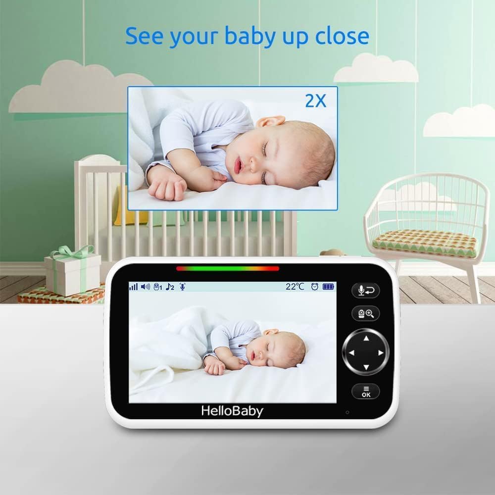 HelloBaby Upgrade 5'' Baby Monitor with 30-Hour Battery, 2 Cameras Pan-Tilt-Zoom, 1000ft Range Video Audio Baby Monitor No WiFi, VOX, Night Vision, 2-Way Talk, 8 Lullabies and Temperature