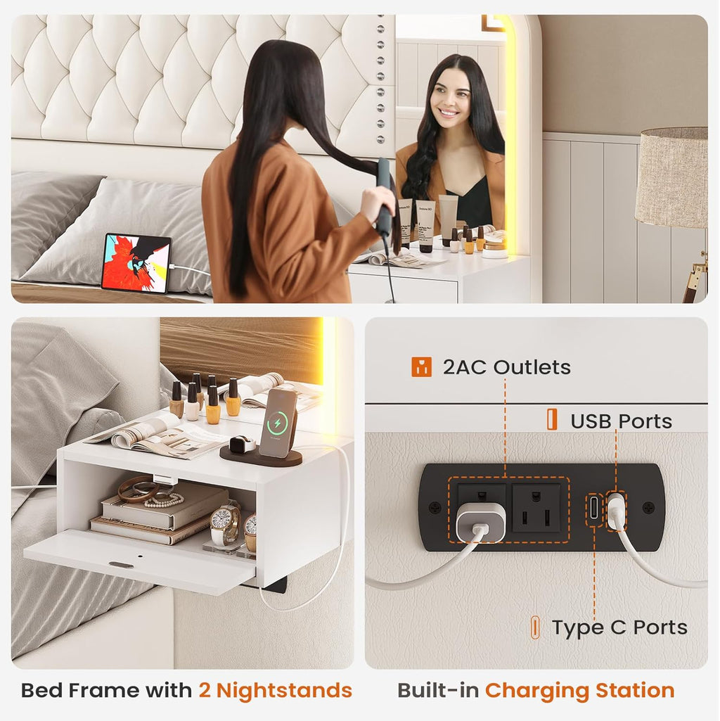 Itaar Queen Bed Frame with 53" Tall Headboard and 4 Storage Drawers, PU Leather Upholstered Platform Bed Frame, Built in Charging Station & Led, 2 Nightstands with Mirror, White