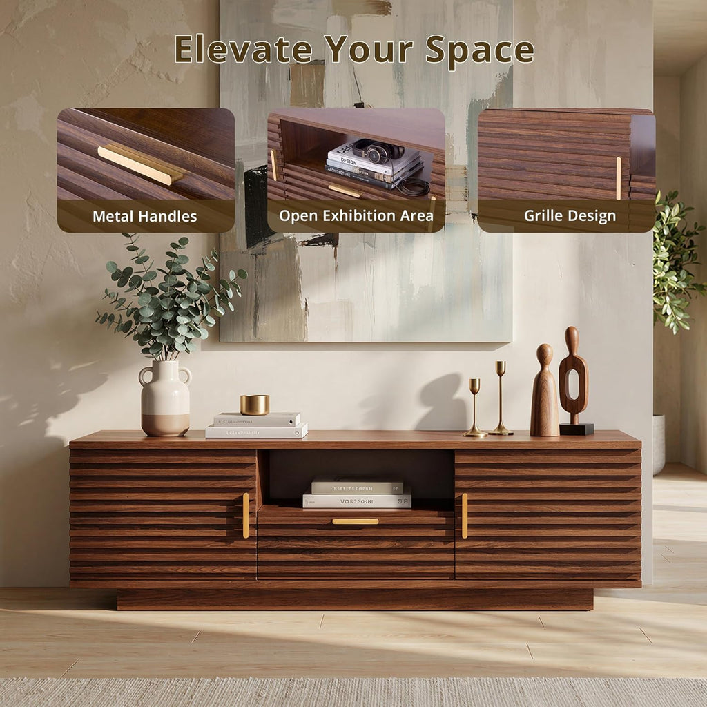 IRONCK TV Stand for TVs up to 65 Inch, Mid Century Modern Fluted Entertainment Center with Storage, TV Console with Cabinet and Adjustable Shelves for Living Room, Bedroom, Walnut