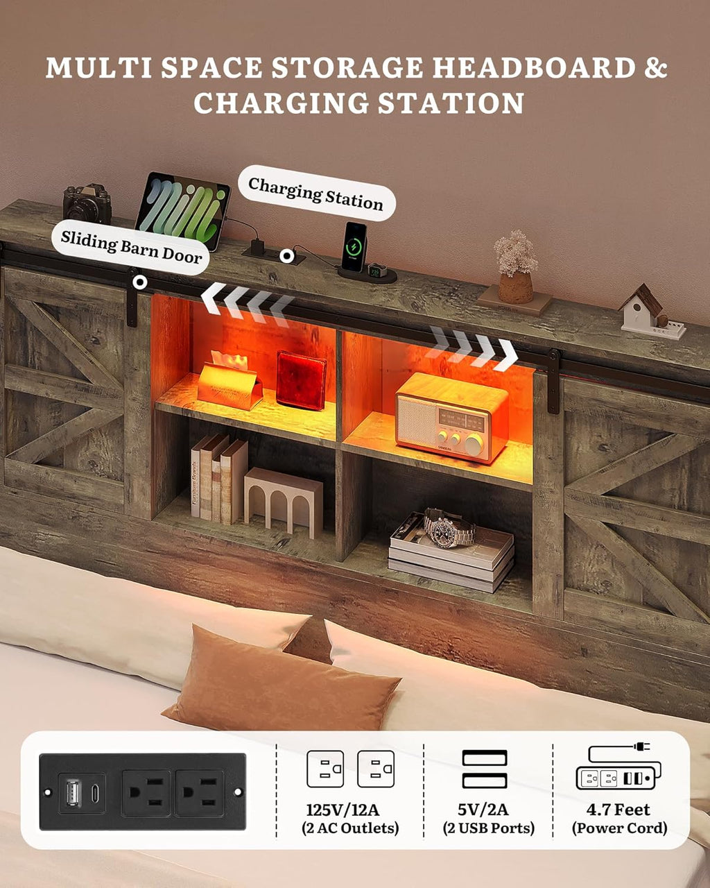 YITAHOME Farmhouse King Size Bed Frame with Storage Bookcase Headboard, Sliding Barn Door, 4 Storage Drawers, RGB LED Bed Frame with USB Charging Station, No Box Spring Needed, Cement Grey