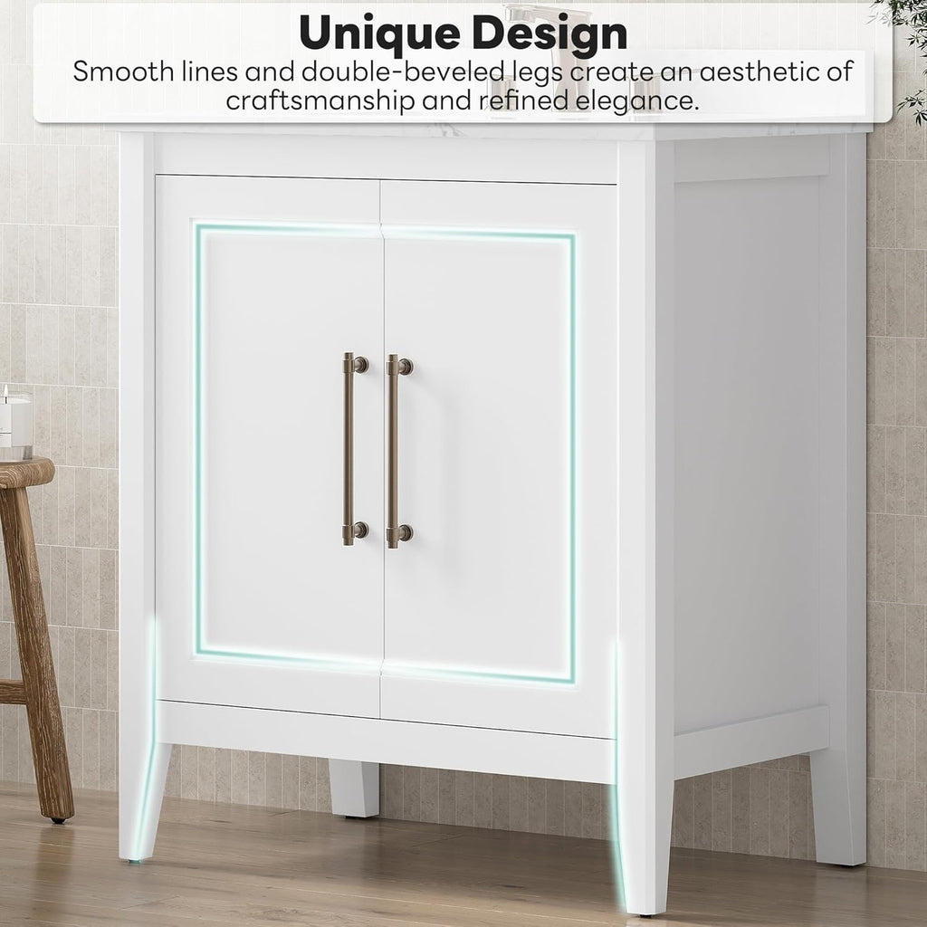 LIKIMIO 30" Bathroom Vanity with Sink, Freestanding Bathroom Vanity with 2 Soft-Close Doors, Engineered Stone Countertop with Undermount Ceramic Sink, Modern Bathroom Vanity, Easy Assembly, White
