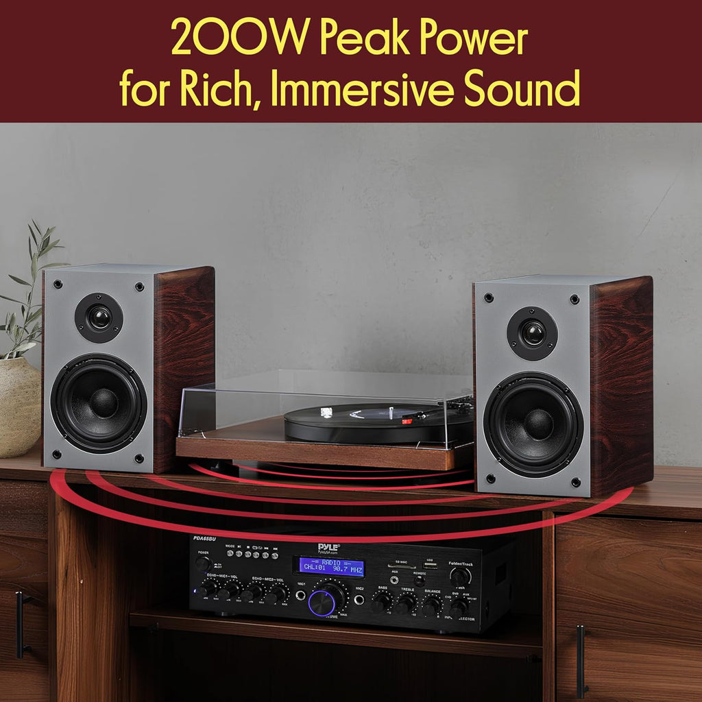 Pyle 5.25'' Wired Bookshelf Speakers, 2-Way HiFi Home Theater Bookshelf Speakers with Silk Dome Tweeter, Woven Woofer, Wall Mount Bracket, Magnetic Grill – Cherry Bookshelf Speakers Wall Mount
