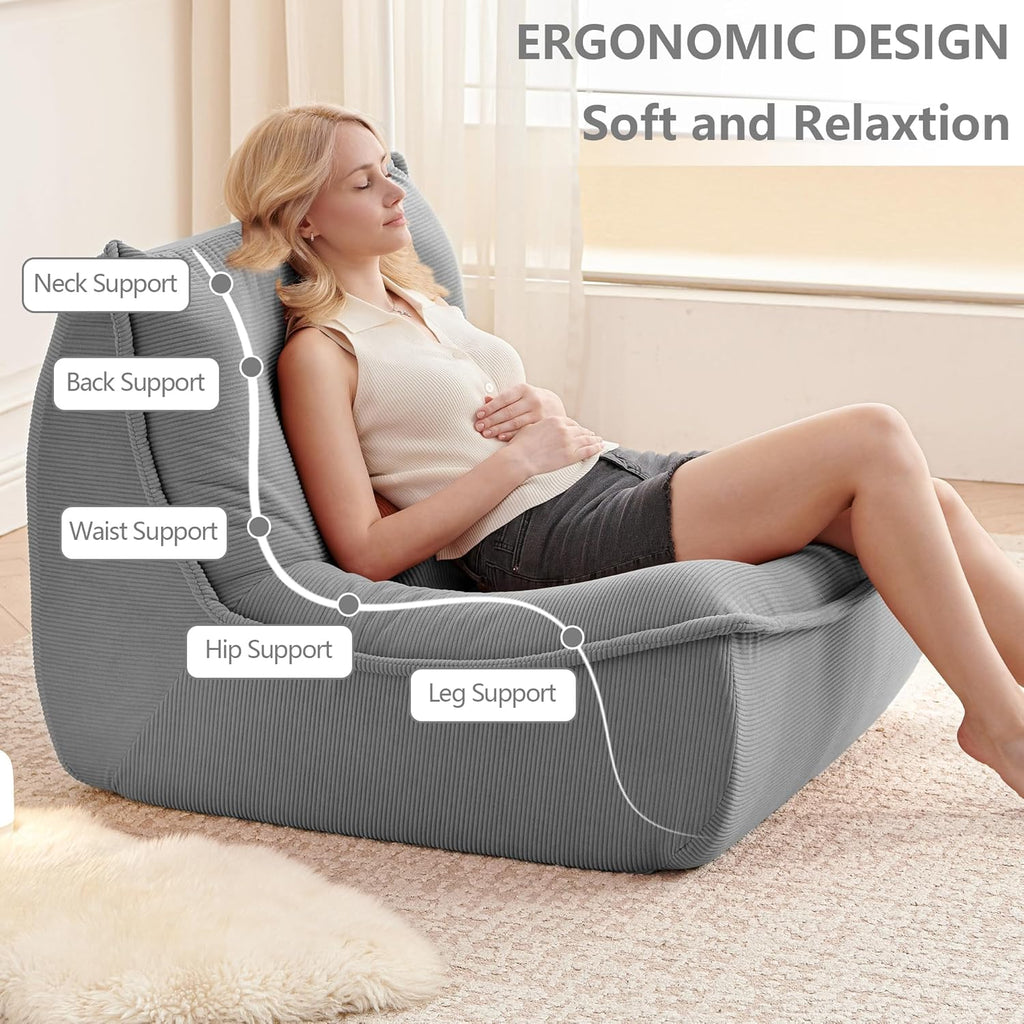 Bean Bag Chair for Adults, Single Lounge Chair with Lumbar Pillow, Comfy Floor Sofa with High-Resilience Foam, Lazy Accent Chair for Living Room, Bedroom, Apartment, Or Reading Corner, Gray