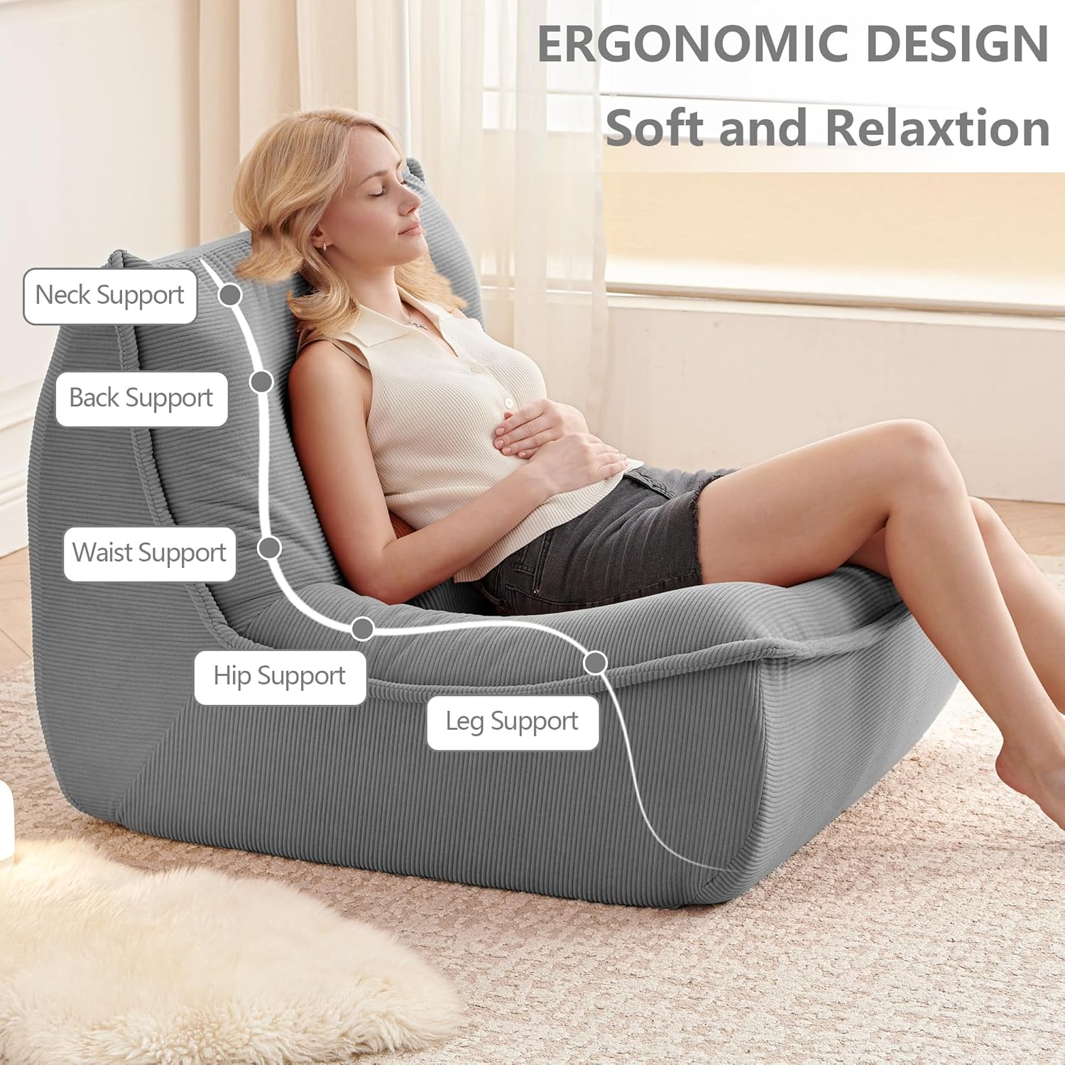 Bean Bag Chair for Adults, Single Lounge Chair with Lumbar Pillow, Comfy Floor Sofa with High-Resilience Foam, Lazy Accent Chair for Living Room, Bedroom, Apartment, Or Reading Corner, Gray