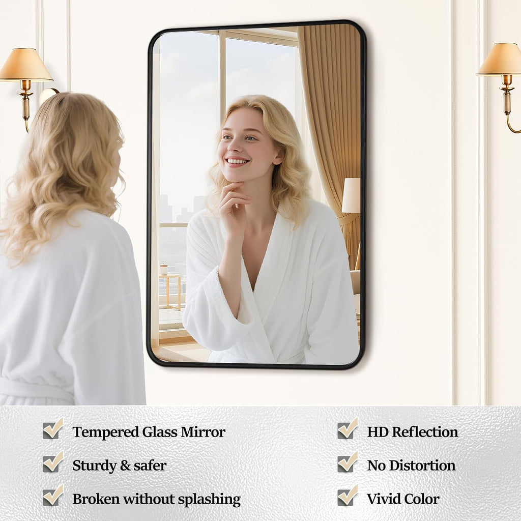2 Pcs 24 x 36 Inch Black Metal Framed Bathroom Mirror for Wall, Rounded Rectangle Mirror Matte Black Bathroom Vanity Mirror,Anti-Rust, Hangs Horizontally or Vertically (2, Black, 24"×36")
