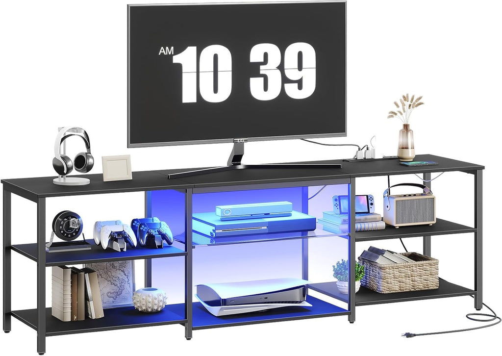 HOOBRO LED TV Stand for 75 Inch TVs with Charging Station, Gaming Entertainment Center with 3-Tier Open Storage, Long 70.1” Media TV Console Table, TV Stand for Living Room, Bedroom, Black BB22UDDS01