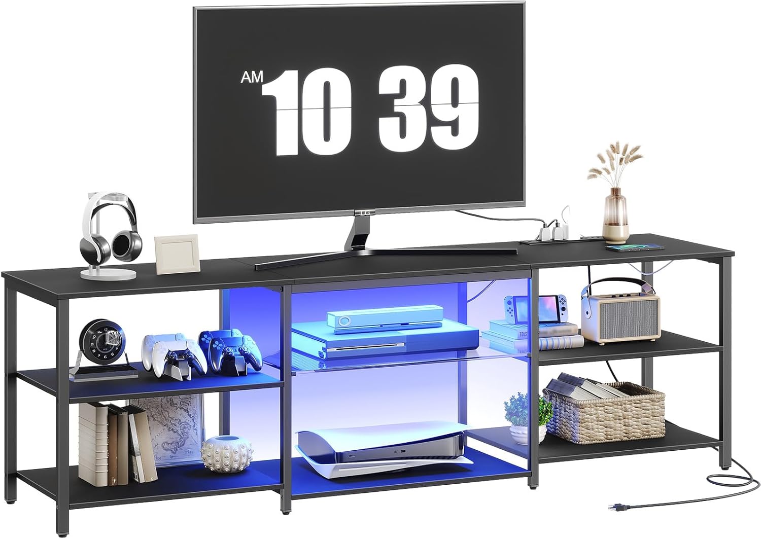 HOOBRO LED TV Stand for 75 Inch TVs with Charging Station, Gaming Entertainment Center with 3-Tier Open Storage, Long 70.1” Media TV Console Table, TV Stand for Living Room, Bedroom, Black BB22UDDS01