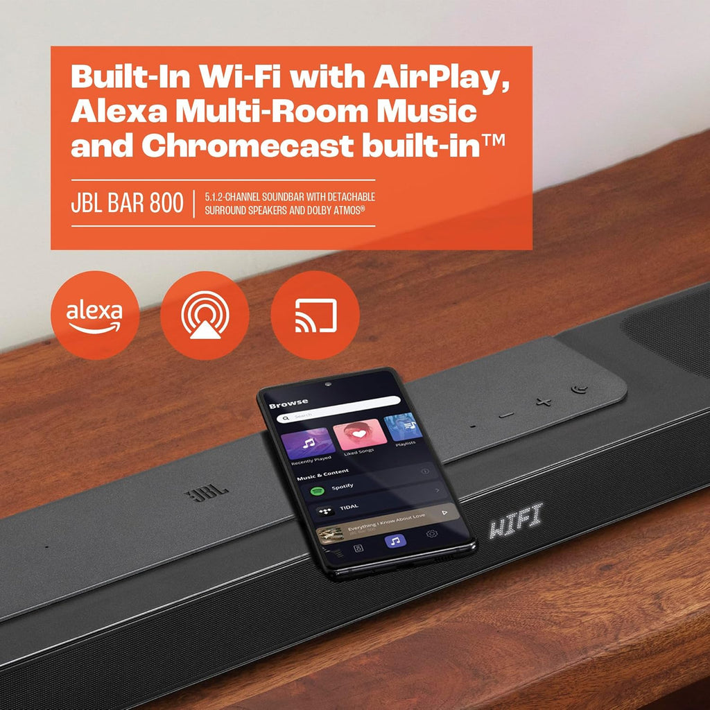 JBL Bar 800 5.1.2-Channel Soundbar with Dolby Atmos, Detachable Surround Speakers, 10" Wireless Subwoofer, Built-in Wi-Fi with AirPlay, Chromecast, Black, Renewed