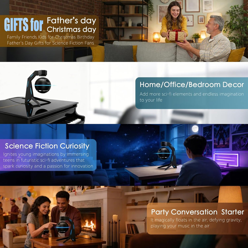 Magnetic Levitation Bluetooth Speaker, Aluminum Alloy Base, Floating & Spinning in air, 360° Surround Sound, Cool Sci-Fi Gadget for Men, Unique Home Office Desktop Decor