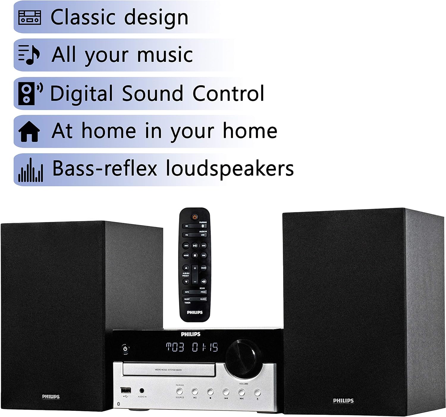 PHILIPS Bluetooth Stereo System for Home with CD Player, MP3, USB, Audio in, FM Radio, Bass Reflex Speaker, 60W, Remote Control Included