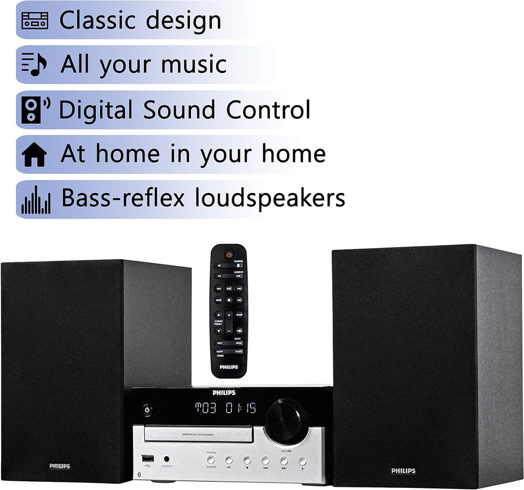 PHILIPS Bluetooth Stereo System for Home with CD Player, MP3, USB, Audio in, FM Radio, Bass Reflex Speaker, 60W, Remote Control Included