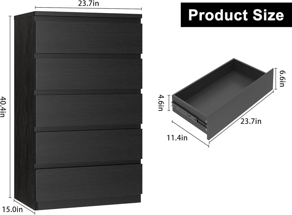 Jocoevol Black 5 Drawer Dresser for Bedroom, 15" D x 23.7" W x 40.4" H in Simply Chest of Drawers, Wood Storage Dresser with Drawers for Living Room Hallway Entryway, Black