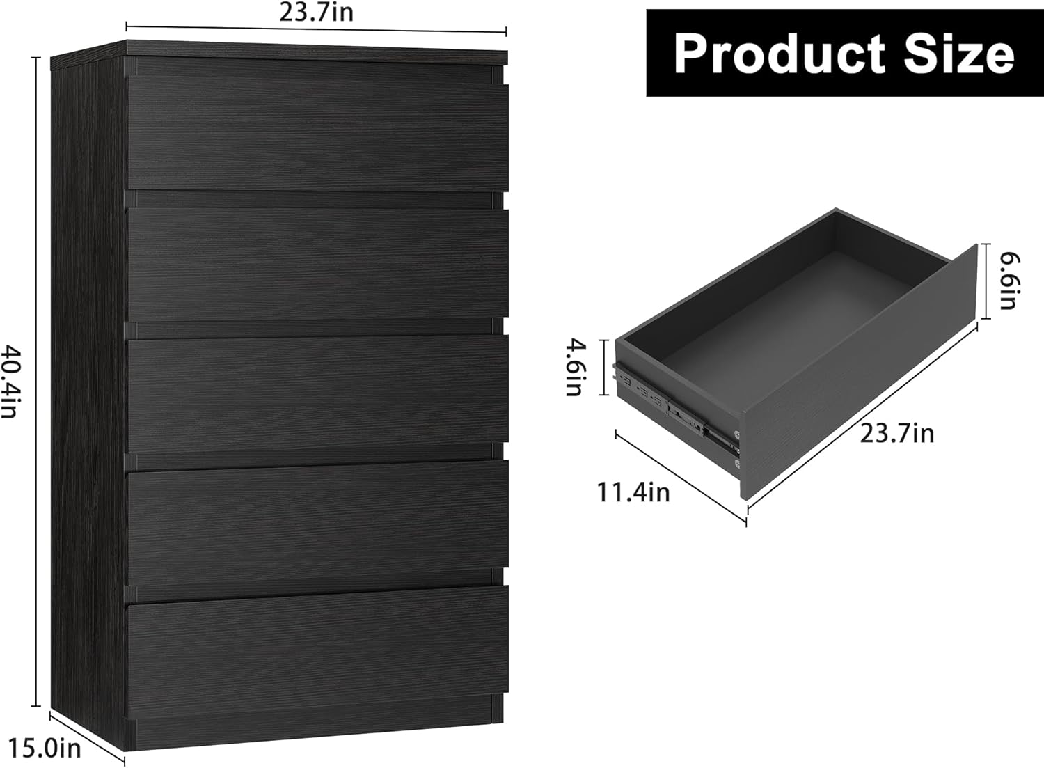 Jocoevol Black 5 Drawer Dresser for Bedroom, 15" D x 23.7" W x 40.4" H in Simply Chest of Drawers, Wood Storage Dresser with Drawers for Living Room Hallway Entryway, Black