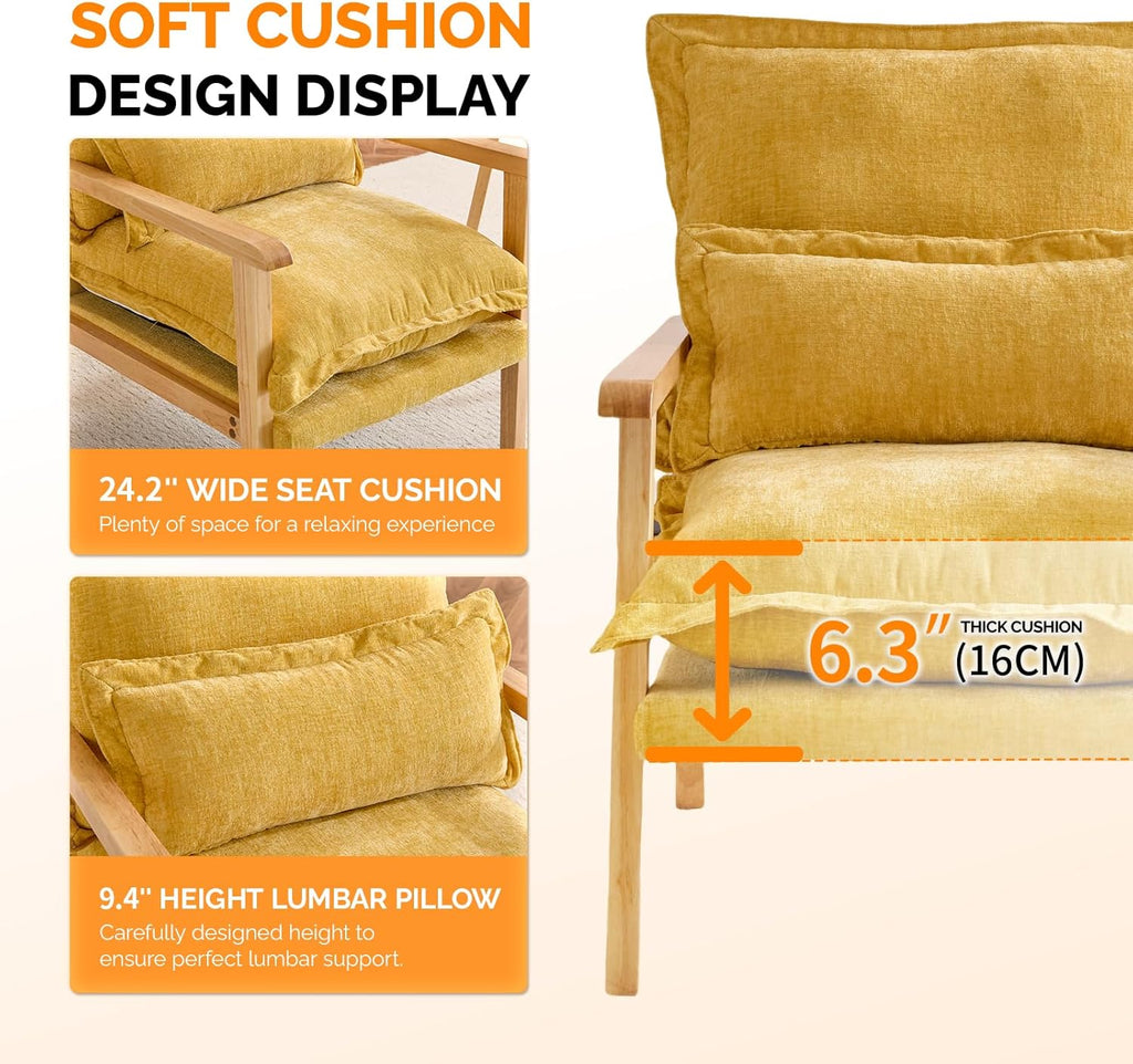 VINGLI Mid-Century Modern Cloud Accent Armchairs set of 2 with Lumbar Pillow, 6.3'' Thick Seat Cushion Reading Chairs with Wooden Armrests, Boho Lounge Chair for Bedroom, Living Room, Chenille, Yellow