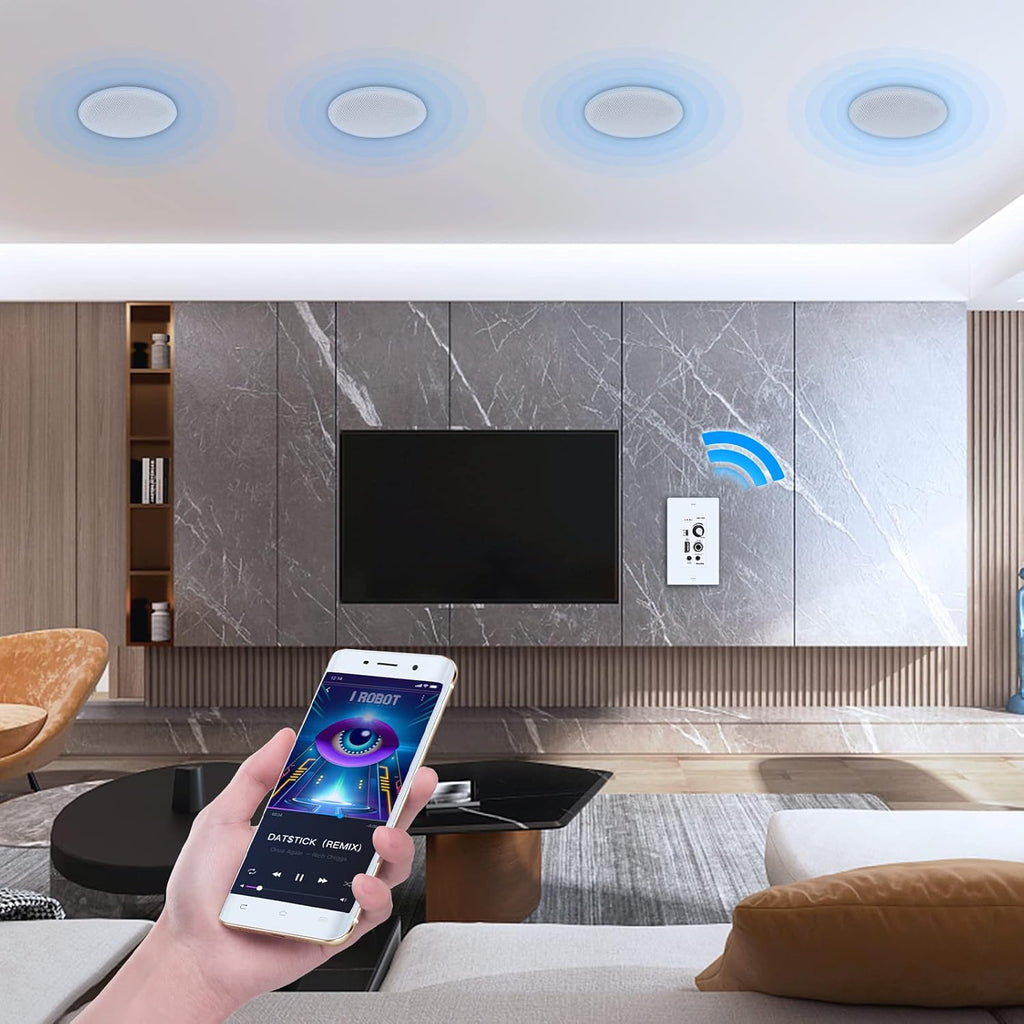 Herdio 6.5'' Bluetooth in Wall in Ceiling Speakers 600W 2-Way Flush Mount Speakers System with Wall Amplifier Receiver for Home Theater Office (2Pairs, Paintable-Grille)
