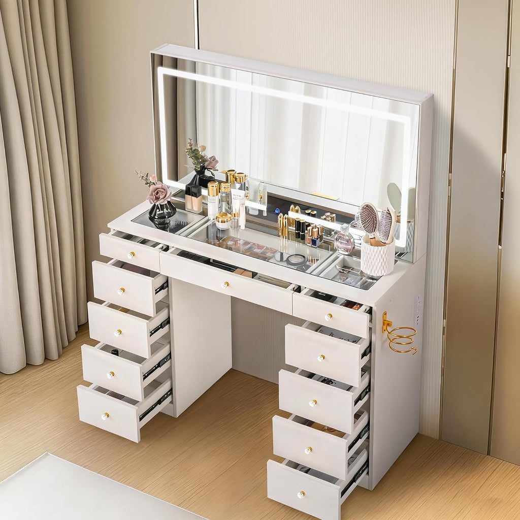 Pamapic Glass Top Vanity Desk with Crystal Handles and 11 Drawers, Makeup Vanity with Mirror and Lights, 3 Lighting Modes Dressing Table, Power Outlet, Silent Slides, White