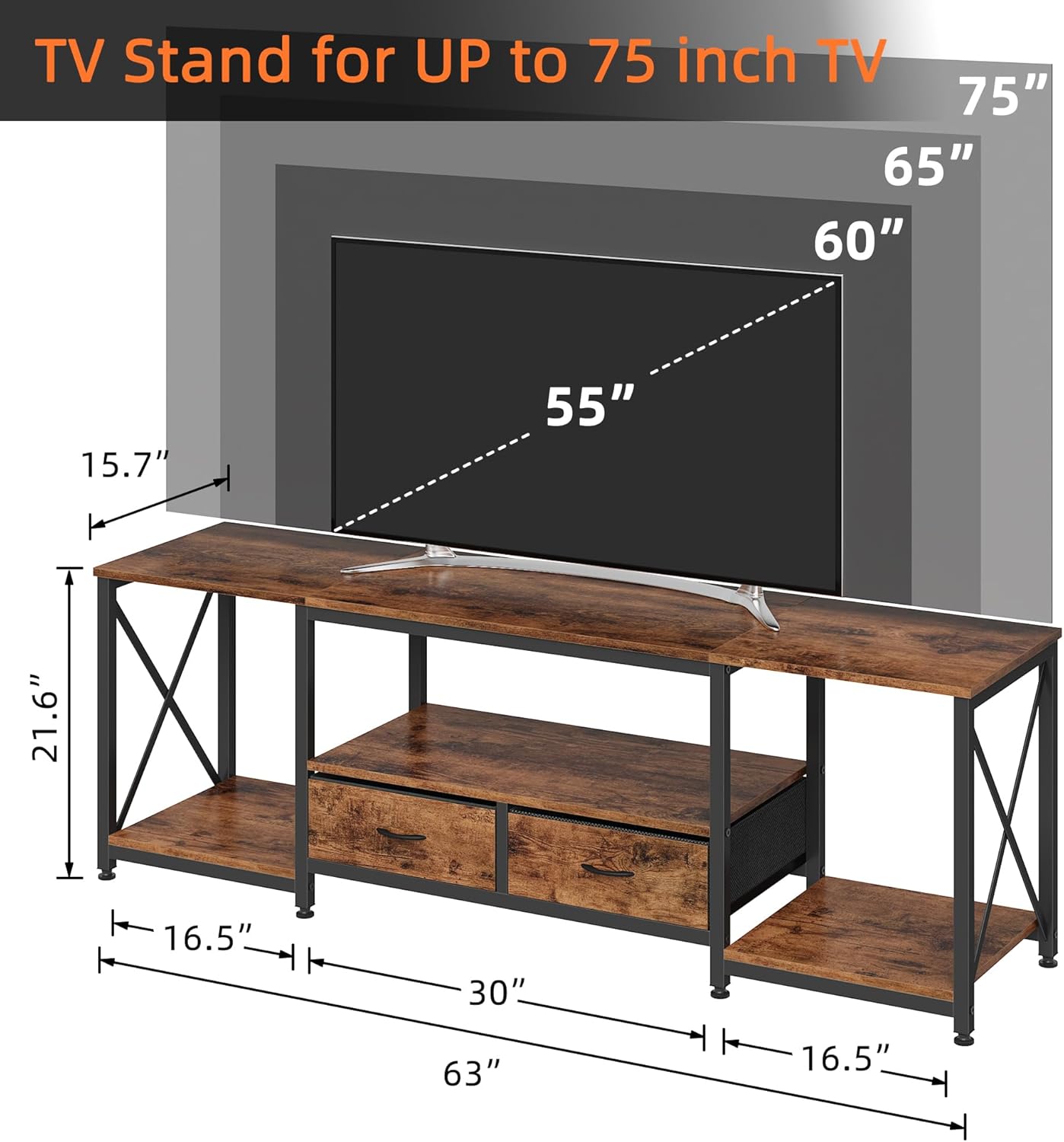 GYIIYUO TV Stand with Fabric Drawers for 65 70 75 Inches TV - Entertainment Center and Industrial TV Console Table with Open Storage Shelves for Living Room, Bedroom - 63" Rustic Brown