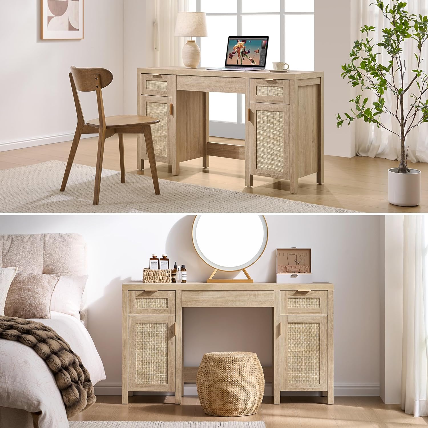 SICOTAS 52" Rattan Vanity Desk with Storage, Boho Farmhouse Makeup Dressing Table with 3 Drawers & 2 Cabinets, Wooden Home Office Desk for Bedroom, Light Oak