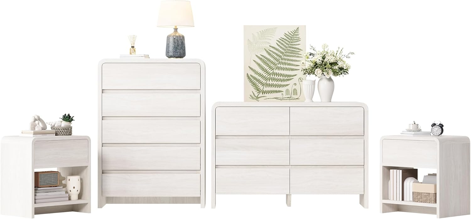 Modern 4-Piece Bedroom Furniture Set with 5-Drawer Dresser, 6-Drawer Dresser and 2 Nightstands, Large Storage Capacity, Rounded Corners, Flexible Combination Design, Anti-Tip Kit Included, White
