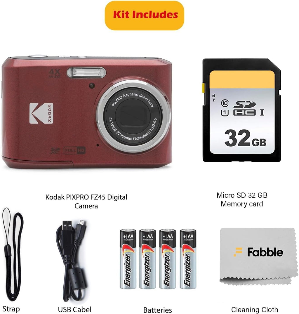 KODAK PIXPRO FZ45 16MP Digital Camera with 4X Optical Zoom 27mm Wide Angle and 2.7" LCD Screen Bundle with 32GB SD Memory Card, AA Batteries (4 Pack), Lens Cleaning Cloth (Red)