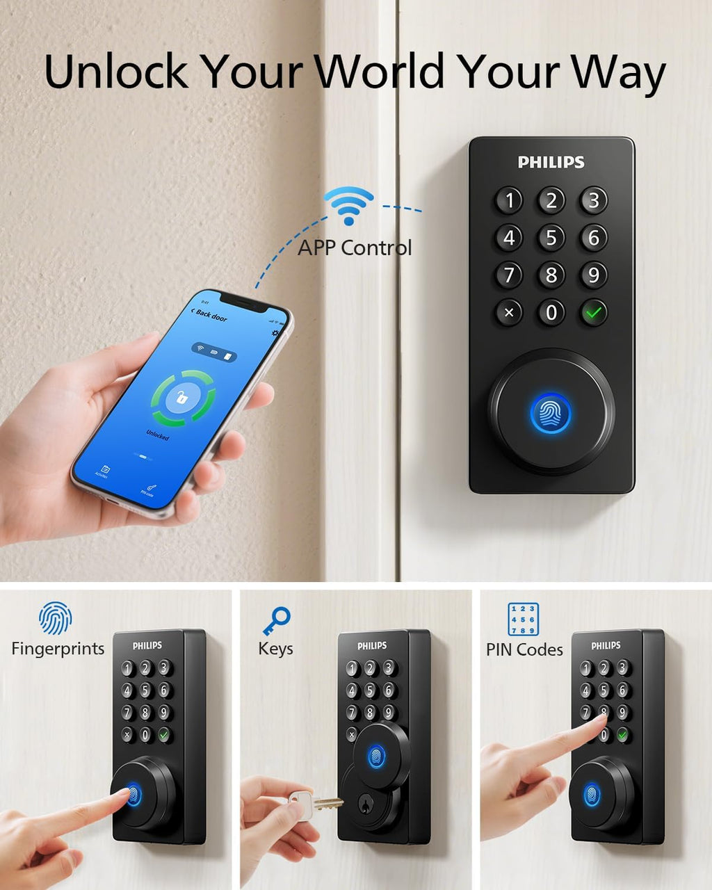 Philips Wi-Fi Door Lock, WiFi Smart Lock Keyless Entry Deadbolt for Front Door, Compatible with Alexa & Google Assistant, Remote Control, Built-in WiFi, APP Fingerprint Passcode Unlock, Auto Locking