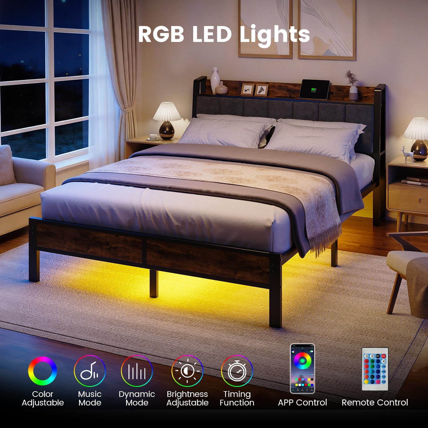Queen Size Bed Frame with Wood Headboard, Metal Platform Bed with USB Charging Station and Smart LED Lights, No Box Spring Needed, Easy Assembly