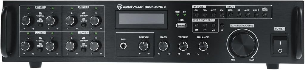 Rockville Rock Zone 8 1000W RMS 8-Channel 8-Zone Amplifier, Bluetooth, USB, Optical/Coaxial/RCA Inputs, Mic/FM, Rack-Mountable, for Multi-Room Home or Commercial Audio