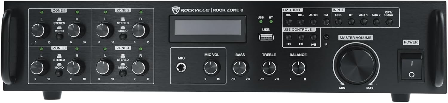 Rockville Rock Zone 8 1000W RMS 8-Channel 8-Zone Amplifier, Bluetooth, USB, Optical/Coaxial/RCA Inputs, Mic/FM, Rack-Mountable, for Multi-Room Home or Commercial Audio