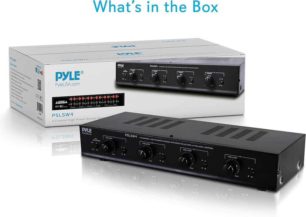 Pyle 4 Channel Speaker Selector Switch - Multi Zone A B Speaker Distribution Controller Box w/Independent Audio Source Volume Control, Supports Home Theater Stereo Amplifier Receiver System - PSLSW4